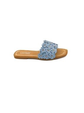 Corkys Hey Girl “ Spring Fever”  Blue Floral Slide Sandal with Tan Footbed